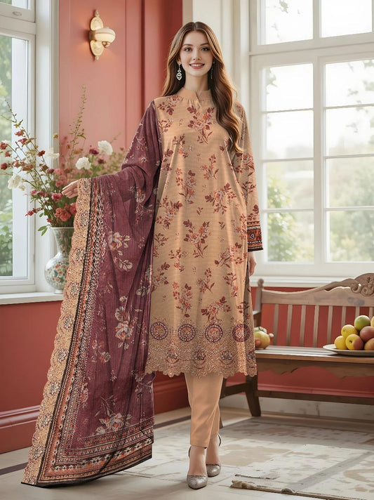 3 Pcs Women's Unstitched Printed Embroidered Suit