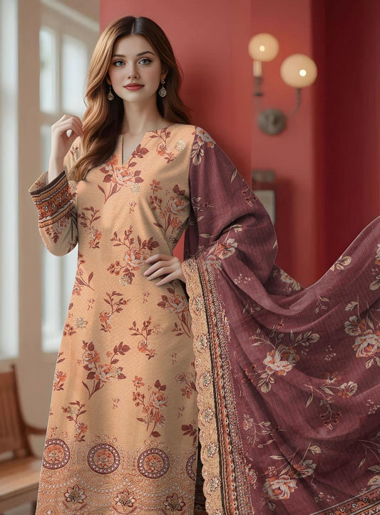 3 Pcs Women's Unstitched Printed Embroidered Suit