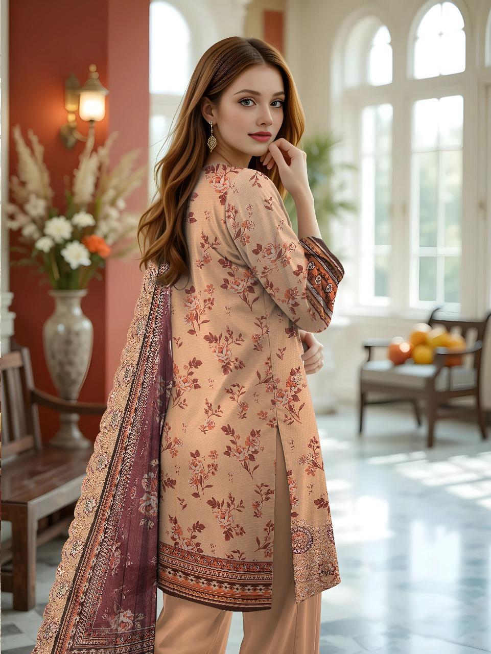 3 Pcs Women's Unstitched Printed Embroidered Suit